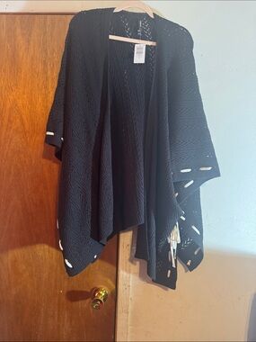 Black Open Knit Poncho with Contrast Cutouts
